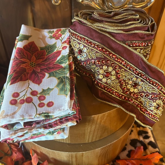 Vintage decorative ornate ribbon rhinestones, poinsettia napkins, Christmas - Picture 1 of 6